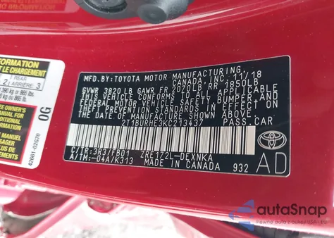 2019 Toyota Corolla Le z USA, uszkodzony, nr VIN 2T1BURHE3KC213437